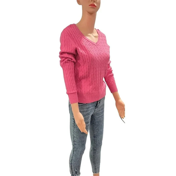 Women's Cable Knit V-Neck Sweater - Vibrant Pink, Size xs - Picture 4 of 13